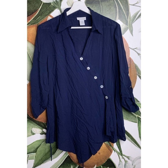 Soft Surroundings PL Cannes Asymmetrical Tunic Top Navy Blue Tab Sleeves - Picture 1 of 4